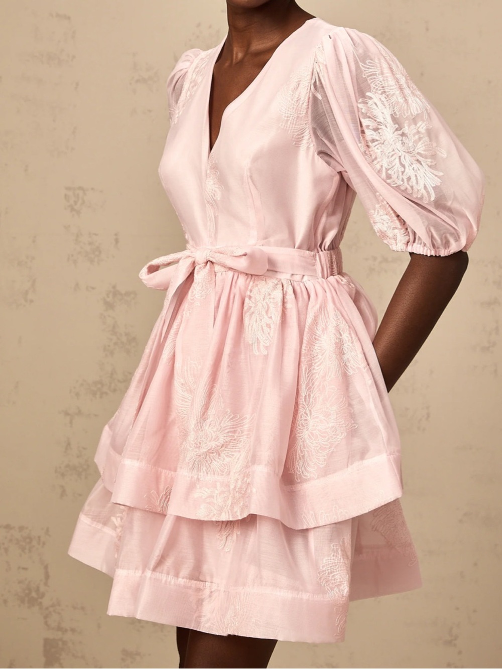 Light Pink Embroidered Puff-Sleeve Tiered Dress, M